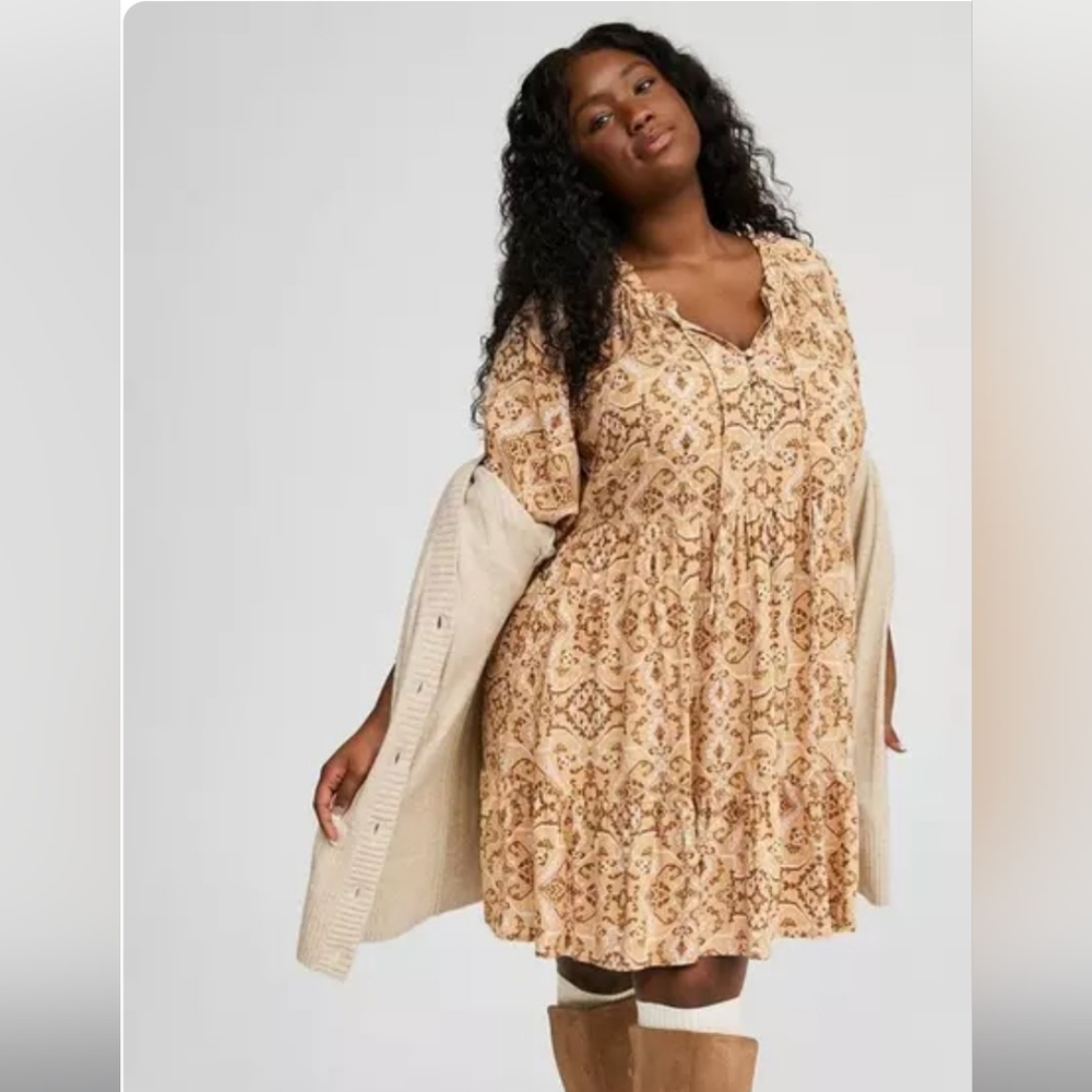 Torrid Challis Tan Medallin Ruffle Mini Dress 3X NWT
